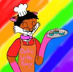  apron canine cupcake eyewear fox glasses mammal plain_background rainbow_background smile 