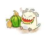  ^_^ aa2233a blush_stickers chibi closed_eyes eating food fruit heart kog'maw leaf league_of_legends no_humans open_mouth sapling sitting tail watermelon 