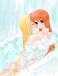  2girls bath blonde_hair blue_eyes breasts bubble bubbles censored convenient_censoring couple eyes_closed fate_testarossa happy hug long_hair looking_at_another lyrical_nanoha mahou_senki_lyrical_nanoha_force mahou_shoujo_lyrical_nanoha mahou_shoujo_lyrical_nanoha_strikers mahou_shoujo_lyrical_nanoha_vivid multiple_girls nude orange_hair smile takamachi_nanoha very_long_hair watercolormark yuri 