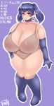  1girl absurdres areolae astraea13 blue_hair boots breasts choker elbow_gloves elf fat female fishnet_top fishnets gigantic_breasts gloves high_heels highres inverted_nipples kneehighs large_areolae lips measurements mole nipples one-piece_swimsuit original pointy_ears purple_eyes see-through simple_background solo standing stats swimsuit translated translation_request twintails 