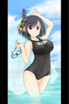  :d arm_up bare_shoulders black_hair black_swimsuit blue_sky breasts bro_(badmaiden) cloud collarbone covered_navel day goggles hair_ornament highres holding kantai_collection large_breasts letterboxed looking_at_viewer name_tag navel one-piece_swimsuit open_mouth outdoors red_eyes school_swimsuit short_hair sky smile solo swimsuit wading water yamashiro_(kantai_collection) 