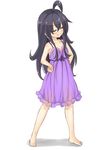  ahoge akatsuki_(kantai_collection) bad_id bad_pixiv_id bare_shoulders barefoot black_hair bow closed_eyes full_body hands_on_hips kantai_collection long_hair musouzuki nightgown see-through simple_background smile solo white_background 