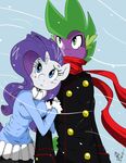  2014 amostheartman anthro anthrofied blue_eyes clothing collar couple dragon duo equine eyeshadow female friendship_is_magic green_eyes holding horn makeup male mammal my_little_pony rarity_(mlp) scarf spike_(mlp) unicorn 