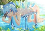  bad_id bad_pixiv_id barefoot blue_eyes blue_hair bow casual_one-piece_swimsuit chin_rest cirno dappled_sunlight dated frog frozen frozen_frog grass hair_bow handheld_game_console ice ice_block ice_wings lily_pad looking_at_viewer lying one-piece_swimsuit pink_swimsuit playstation_portable pond popsicle_stick rock school_swimsuit shoutai_(7490773) smile solo sony summer sunlight swimsuit touhou tree water wings 