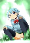  &lt;3 1girl artist_request blue_eyes blue_hair blush bow bowtie female goutokuji_kayo grass hands_on_knees miniskirt mokka nature open_mouth outdoors outside peeing pussy sabagebu! school_uniform short_hair skirt solo squatting sweater thighhighs uncensored urine 