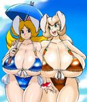  2014 animal_ears big_breasts bikini breasts cleavage clothed clothing duo female huge_breasts invalid_tag lagomorph mammal rabbit speeds swimsuit 