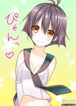  1girl ascot bare_shoulders blush collarbone dated female heart kantai_collection looking_at_viewer md5_mismatch midriff navel purple_hair resized sakawa_(kantai_collection) short_hair simple_background smile solo translation_request yadapot yellow_eyes 