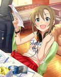  :d artist_request bag_charm blush bracelet brown_hair cable chair charm_(object) compact_disc couch engrish eraser fingernails green_eyes guitar_case headphones idolmaster idolmaster_cinderella_girls instrument_case jewelry knot looking_at_viewer lyrics mixing_console necklace note notes official_art open_mouth paper papers pencil ranguage red_skirt shirt skirt smile solo studio system_console table tada_riina tied_shirt wooden_floor wooden_wall 