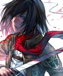  black_hair blood blood_on_face blood_splatter bloody_clothes bloody_weapon emblem eyelashes grey_eyes highres holding holding_sword holding_weapon irohara_mitabi jacket lips long_sleeves mikasa_ackerman military military_uniform paradis_military_uniform parted_lips red_scarf scarf shingeki_no_kyojin short_hair simple_background solo sword training_corps_(emblem) uniform upper_body weapon white_background 