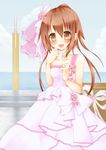  brown_eyes brown_hair dress flower fumizuki_(kantai_collection) hair_ribbon jewelry kantai_collection long_hair looking_at_viewer mochizuki_masora open_mouth ponytail ribbon ring solo wedding wedding_band wedding_dress 