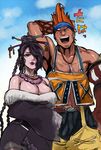  1boy 1girl bare_shoulders braid breasts cleavage couple final_fantasy final_fantasy_x fur_trim hair_over_one_eye happy headband illa jewelry large_breasts lulu lulu_(final_fantasy) muscle pompadour smile square_enix wakka 