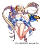  blonde_hair blush brown_eyes character_request dual_wielding flower hair_flower hair_ornament holding innertube long_hair matsui_hiroaki official_art one-piece_swimsuit sandals school_swimsuit smile solo swimsuit thousand_memories twintails very_long_hair water white_background white_school_swimsuit white_swimsuit 