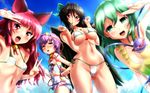  alternate_hairstyle animal_ears bell bell_collar bikini black_hair blush bow breast_envy breasts cat_ears cleavage collar covered_nipples double_v fang green_eyes green_hair hair_bow heart heart-shaped_pupils highres kaenbyou_rin kezune_(i-_-i) komeiji_koishi komeiji_satori large_breasts long_hair looking_at_viewer multiple_girls navel one-piece_swimsuit open_mouth purple_eyes purple_hair red_eyes red_hair reiuji_utsuho salute side-tie_bikini small_breasts smile sunglasses swimsuit symbol-shaped_pupils tears third_eye touhou v wings 
