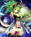  absurdres bare_shoulders dress elbow_gloves energy_ball gloves green_gloves green_hair green_legwear hair_ornament highres horns light_particles long_hair navel navel_cutout ponytail purple_eyes scan shadowverse shingeki_no_bahamut short_dress solo sparkle strapless strapless_dress tachikawa_mushimaro thighhighs very_long_hair wind_god_(shadowverse) 