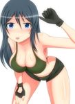  bent_over black_hair blue_eyes blush breasts cleavage gloves kyoudou_maya long_hair panties rough_(artist) rough_(riferio) sabagebu! shorts simple_background smile tank_top tanktop unbuttoned underwear 