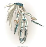  blue_eyes bodysuit breasts bridal_gauntlets dagger dual_wielding face_mask floating floating_object forehead_protector holding long_hair mask skull small_breasts solo sram very_long_hair wakfu watermark weapon web_address white_hair xavier_houssin 
