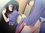  1girl against_wall ass bent_over black_hair blue_eyes blush censored door game_cg ichikawa_noa in&#039;en_no_yu:_sandai_no_okami-tachi_to_no_mikkou in'en_no_yu:_sandai_no_okami-tachi_to_no_mikkou japanese_clothes kimono looking_back no_panties penis sex twintails vaginal 