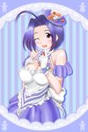  absurdres ahoge cup eva_16-gouki food fruit gingerbread_man gloves hair_ornament highres idolmaster idolmaster_(classic) lace_border looking_at_viewer miura_azusa one_eye_closed open_mouth purple_eyes purple_hair ribbon short_hair solo strawberry teacup 
