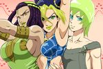  black_hair breasts ermes_costello foo_fighters green_eyes green_hair green_lipstick hairlocs jojo_no_kimyou_na_bouken kuujou_jolyne lipstick makeup multiple_girls shimotsuki_kitsune tan 