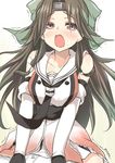  absurdres admiral_(kantai_collection) bare_shoulders blush brown_eyes brown_hair detached_sleeves double-breasted green_headband hair_intakes hair_ribbon headband highres jintsuu_(kantai_collection) kantai_collection long_hair open_mouth remodel_(kantai_collection) ribbon ryuki_(ryukisukune) sexually_suggestive sitting sitting_on_person skirt skirt_lift solo_focus trembling 