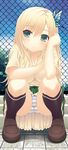  aikawa_touma blonde_hair boku_wa_tomodachi_ga_sukunai breasts butterfly_hair_ornament cleavage green_eyes hair_ornament kashiwazaki_sena large_breasts long_hair panties pantyshot pantyshot_(squatting) solo squatting striped striped_panties underwear 