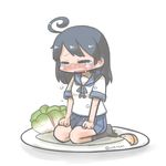  ahoge black_hair closed_eyes crying food fruit inishie kantai_collection lettuce open_mouth orange orange_slice plate seiza sitting solo tears ushio_(kantai_collection) wavy_mouth 