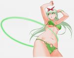  :o arms_up bikini bow bracelet cropped_legs earrings esmeralda_(otomedius) floating_hair green green_bikini green_eyes green_hair hair_bow hoop hula_hoop jewelry long_hair navel o-ring o-ring_bottom o-ring_top official_art open_mouth otomedius otomedius_excellent simple_background solo swimsuit yoshizaki_mine 