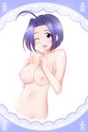  absurdres ahoge breasts eva_16-gouki finger_to_mouth groin highres idolmaster idolmaster_(classic) lace_border large_breasts looking_at_viewer miura_azusa navel nipples nude one_eye_closed open_mouth purple_eyes purple_hair short_hair solo topless 