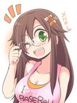  1girl ;d bad_id bad_pixiv_id blush breasts brown_hair celebi_ryousangata cleavage clothes_writing glasses green_eyes hair_ornament hairclip himekawa_yuki idolmaster idolmaster_cinderella_girls large_breasts long_hair looking_at_viewer one_eye_closed open_mouth smile solo translated 