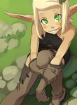  absurdres blonde_hair blush_stickers cra elbow_gloves evangelyne freckles from_above gloves green_eyes grin hair_ornament hairclip highres long_pointy_ears looking_up pointy_ears short_hair sitting sketch smile solo thighhighs wakfu xavier_houssin 