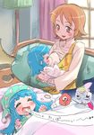  blue_hair blush bow breast_feeding breast_sucking breasts brown_hair dreaming happinesscharge_precure! highres imagining isedaichi_ken large_breasts long_hair multiple_girls nipples oomori_yuuko open_mouth pink_bow precure ribbon_(happinesscharge_precure!) shirayuki_hime shocked_eyes smile surprised translation_request yuri 