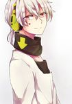  detached_collar directional_arrow headphones high_collar kagerou_project konoha_(kagerou_project) looking_at_viewer male_focus red_eyes ringomaru shirt short_ponytail silver_hair smile solo white_shirt 