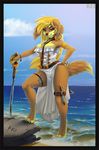  2014 anthro beach blonde_hair canine clothing corset dagger dog female fluff-kevlar hair jewelry long_hair looking_at_viewer mammal rock sea seaside smile solo sword water weapon 