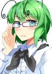  adjusting_eyewear antennae bespectacled blush e.o. glasses green_eyes green_hair highres light_frown purple-framed_eyewear short_hair solo touhou upper_body white_background wriggle_nightbug 