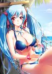  bad_id bad_pixiv_id beach bikini blue_bikini blue_hair blue_hawaii bracelet breasts cleavage collarbone day drink drinking_straw groin gyullmat hair_ribbon halterneck hammock highres jewelry large_breasts long_hair looking_at_viewer luthica_preventer navel necklace ocean red_eyes ribbon shiny shiny_clothes side-tie_bikini smile solo strap_gap sweat swimsuit sword_girls tropical_drink twintails 
