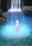  1girl absurdres anjaku112 arm_strap braid crown_braid fish floating_hair highres lake long_hair original outdoors red_eyes silver_hair sleeveless solo title very_long_hair wading water waterfall 