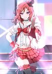  black_legwear bokura_wa_ima_no_naka_de fingerless_gloves frills gloves hat highres kaeru_(ka=l) love_live! love_live!_school_idol_project mini_hat mini_top_hat miniskirt nishikino_maki pointing pointing_at_viewer puffy_short_sleeves puffy_sleeves purple_eyes red_gloves red_hair red_skirt shirt short_hair short_sleeves skirt smile solo stairs suspenders thighhighs top_hat white_shirt zettai_ryouiki 