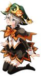  1girl :o ange_(princess_principal) black_footwear blue_eyes blush boots bow bowtie brown_capelet brown_skirt food_themed_hair_ornament full_body green_hat hair_between_eyes hair_ornament halloween halloween_costume hat highres kneeling long_sleeves miniskirt orange_bow orange_neckwear princess_principal pumpkin_hair_ornament shiny shiny_hair short_hair silver_hair simple_background skirt solo taniguchi_gou thigh_boots thighhighs white_background witch_hat zettai_ryouiki 