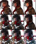  black_hair blood blood_on_face blood_splatter bloody_clothes bloody_weapon emblem grey_eyes highres holding holding_sword holding_weapon how_to irohara_mitabi jacket lips long_sleeves mikasa_ackerman military military_uniform number numbered_panels paradis_military_uniform parted_lips progression red_scarf scarf shingeki_no_kyojin short_hair simple_background solo strap sword training_corps_(emblem) uniform weapon white_background work_in_progress 