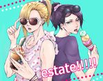  alternate_costume aqua_background bad_id bad_pixiv_id blonde_hair eyewear_on_head food green_eyes ice_cream ice_cream_cone illuso jojo_no_kimyou_na_bouken licking melone multiple_boys otoko_no_ko ponytail purple_hair simple_background starbucks sunglasses tongue tongue_out toujou_reia triple_scoop upper_body 