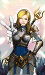  ;) armor blonde_hair blue_eyes bodysuit boobplate bracer breastplate capelet contrapposto earrings faulds foreshortening gloves hairband hand_on_hip jewelry league_of_legends lips long_hair luxanna_crownguard neo-tk.. one_eye_closed pauldrons smile solo standing v white_gloves 