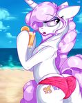  2014 asadama beach butt cloud cutie_mark drink equine eyelashes female fleur_de_lis_(mlp) friendship_is_magic fur glass hair holding horn mammal my_little_pony orange_(fruit) outside purple_hair seaside solo unicorn white_fur 