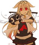  artist_name black_legwear black_ribbon black_skirt blonde_hair bracer cannon cowboy_shot hair_flaps hair_ornament hair_ribbon hairclip kantai_collection licking_lips long_hair looking_at_viewer minamiya_mia neckerchief pleated_skirt red_eyes red_neckwear remodel_(kantai_collection) ribbon scarf school_uniform serafuku short_sleeves simple_background skirt smile solo text_focus thighhighs tongue tongue_out twitter_username white_background white_scarf yuudachi_(kantai_collection) zettai_ryouiki 