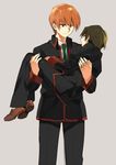  bad_id bad_pixiv_id brown_hair carrying closed_eyes grey_background little_busters! looking_at_another male_focus multiple_boys naoe_riki natsume_kyousuke necktie princess_carry red_eyes red_hair school_uniform sennen_suisei simple_background sleeping smile yaoi 