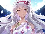  bouquet floating_hair flower hairband idolmaster idolmaster_(classic) long_hair looking_at_viewer moon orchid redrop shijou_takane silver_hair smile solo upper_body 
