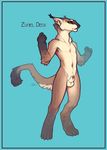  2014 4_toes anthro balls barefoot blue_background borelian ear_piercing male markings nude orange_eyes paws piercing plain_background sheath snowskau socks_(marking) solo tetton text twink unknown_species zuriel_beck 