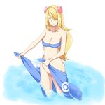  alternate_costume bandeau bare_shoulders bikini blonde_hair blue_bikini blue_sarong bottomless breasts cleavage cosplay flower fuyou_(pokemon) fuyou_(pokemon)_(cosplay) groin hair_flower hair_ornament hair_over_one_eye long_hair looking_at_viewer medium_breasts naughty_face navel poke_ball_print pokemon pokemon_(game) print_sarong pussy sarong sarong_removed shirona_(pokemon) smile solo standing swimsuit undressing untied wading water white_background wide_hips wigglytuff_(pokeacc) yellow_eyes 
