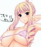  1girl areola areolae bertille_althusser blonde_hair blue_eyes bra breasts erect_nipples large_breasts long_hair nipples official_art sideboob simple_background solo standing underboob underwear walkure_romanze 