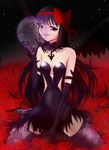  akemi_homura akuma_homura argyle argyle_legwear bad_id bad_pixiv_id bare_shoulders black_gloves black_hair black_wings bow choker dress elbow_gloves feathered_wings flower gloves hair_bow kaname_madoka long_hair looking_at_viewer mahou_shoujo_madoka_magica mahou_shoujo_madoka_magica_movie multiple_girls purple_eyes sitting smile spider_lily spoilers thighhighs two_side_up ultimate_madoka vavaloa white_dress wings yellow_eyes zettai_ryouiki 