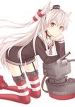  amatsukaze_(kantai_collection) bad_id bad_pixiv_id choker dress garter_straps hand_on_own_cheek he92 kantai_collection kneeling long_hair looking_at_viewer red_legwear rensouhou-kun sailor_dress short_dress silver_hair simple_background smile striped striped_legwear thighhighs white_background yellow_eyes zettai_ryouiki 